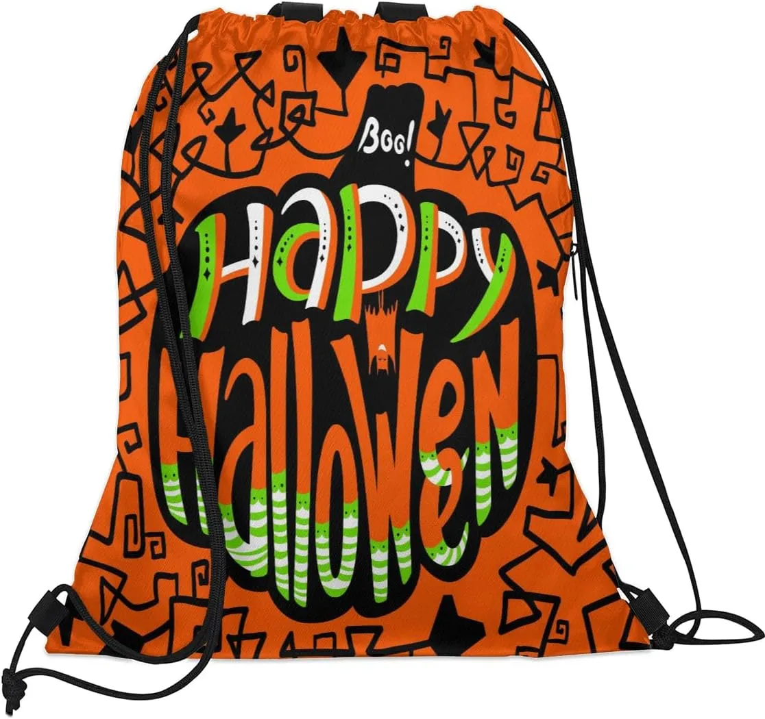 Happy Halloween Topic Drawstring Backpack Sports Gym Bag for Men Women Draw String Polyester Sackpack Reflective String Bags Cinch Bag with Zipper Pockets and Mesh Pockets