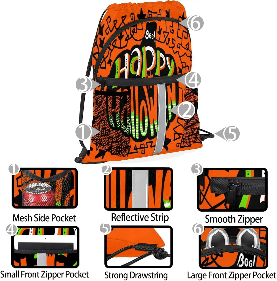 Happy Halloween Topic Drawstring Backpack Sports Gym Bag for Men Women Draw String Polyester Sackpack Reflective String Bags Cinch Bag with Zipper Pockets and Mesh Pockets