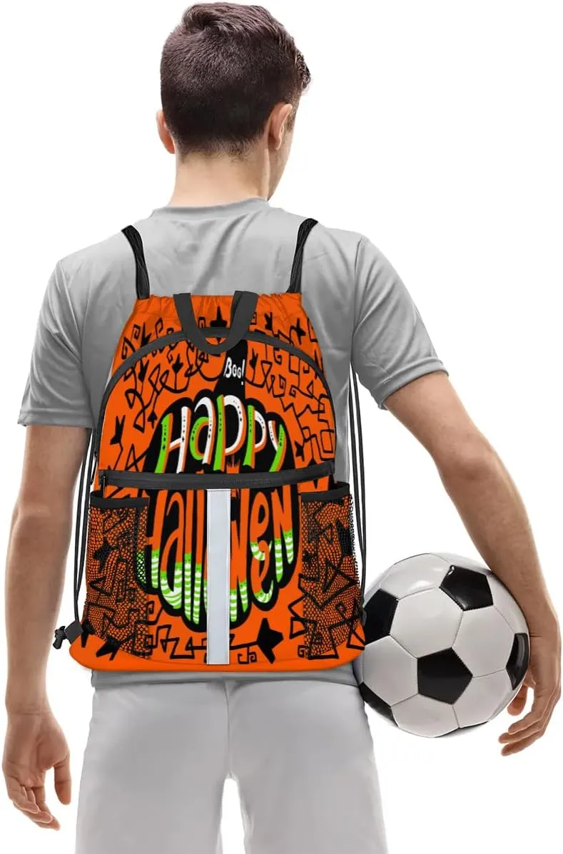 Happy Halloween Topic Drawstring Backpack Sports Gym Bag for Men Women Draw String Polyester Sackpack Reflective String Bags Cinch Bag with Zipper Pockets and Mesh Pockets