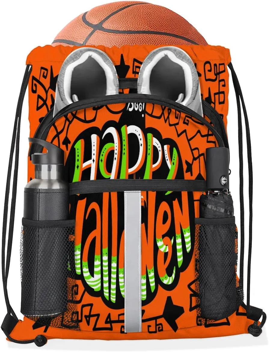 Happy Halloween Topic Drawstring Backpack Sports Gym Bag for Men Women Draw String Polyester Sackpack Reflective String Bags Cinch Bag with Zipper Pockets and Mesh Pockets