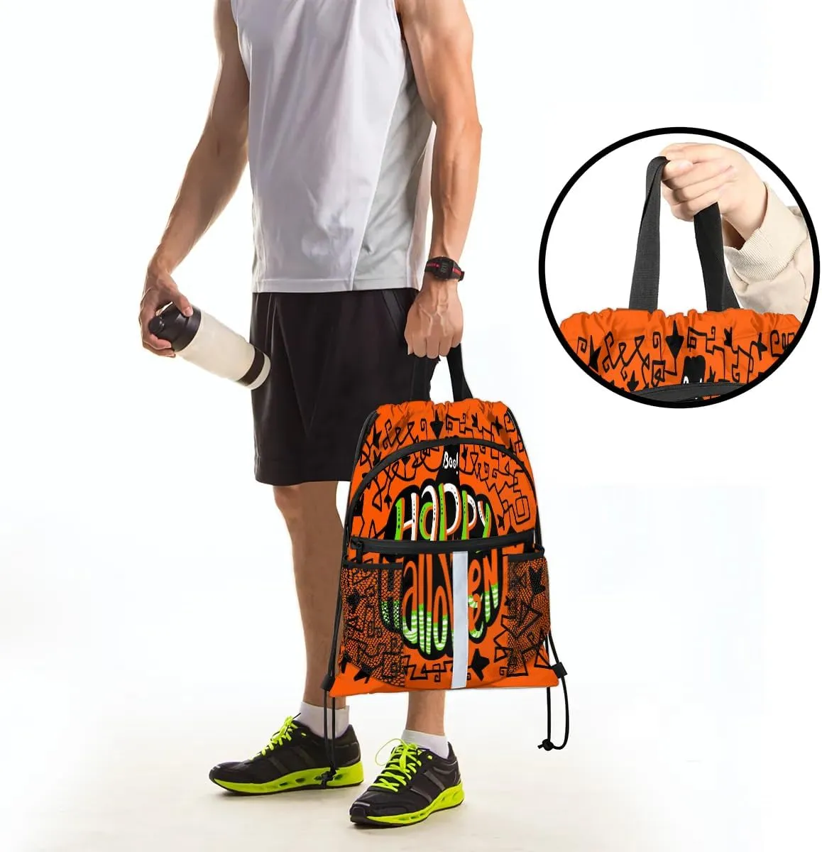 Happy Halloween Topic Drawstring Backpack Sports Gym Bag for Men Women Draw String Polyester Sackpack Reflective String Bags Cinch Bag with Zipper Pockets and Mesh Pockets