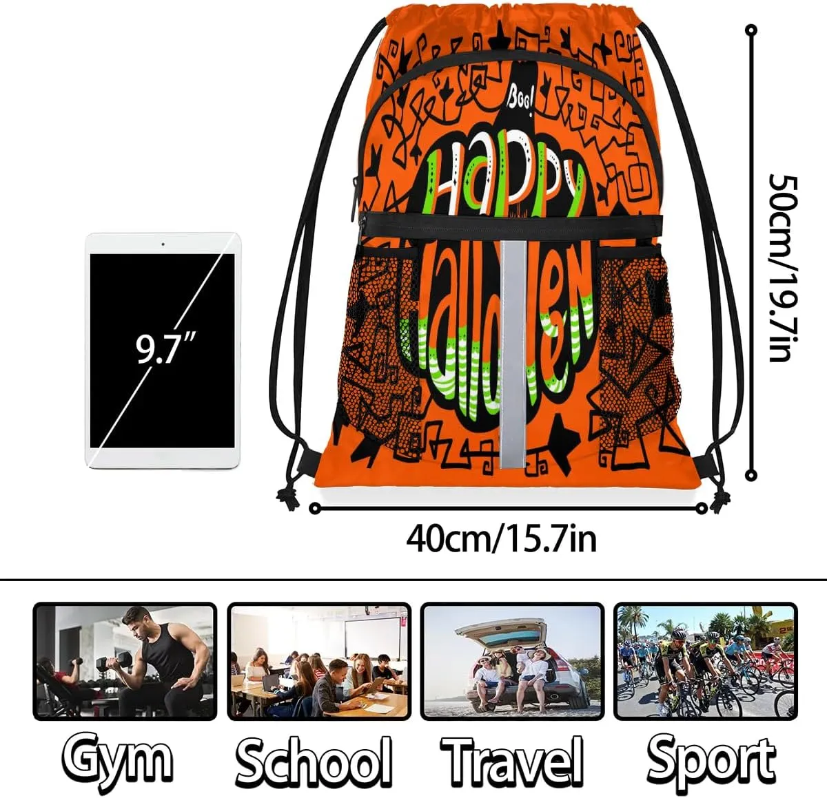 Happy Halloween Topic Drawstring Backpack Sports Gym Bag for Men Women Draw String Polyester Sackpack Reflective String Bags Cinch Bag with Zipper Pockets and Mesh Pockets