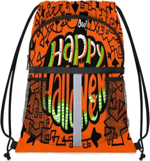 Happy Halloween Topic Drawstring Backpack Sports Gym Bag for Men Women Draw String Polyester Sackpack Reflective String Bags Cinch Bag with Zipper Pockets and Mesh Pockets