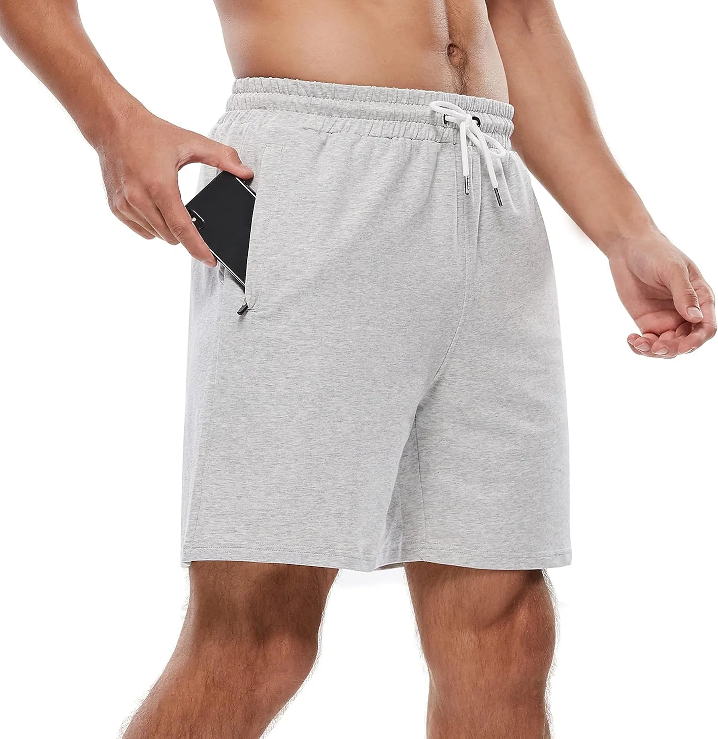 HEALONG Mens Athletic Shorts Cotton: Workout Gym Running Exercise Training - 7" Drawstring Fashion Sports with Zipper Pockets