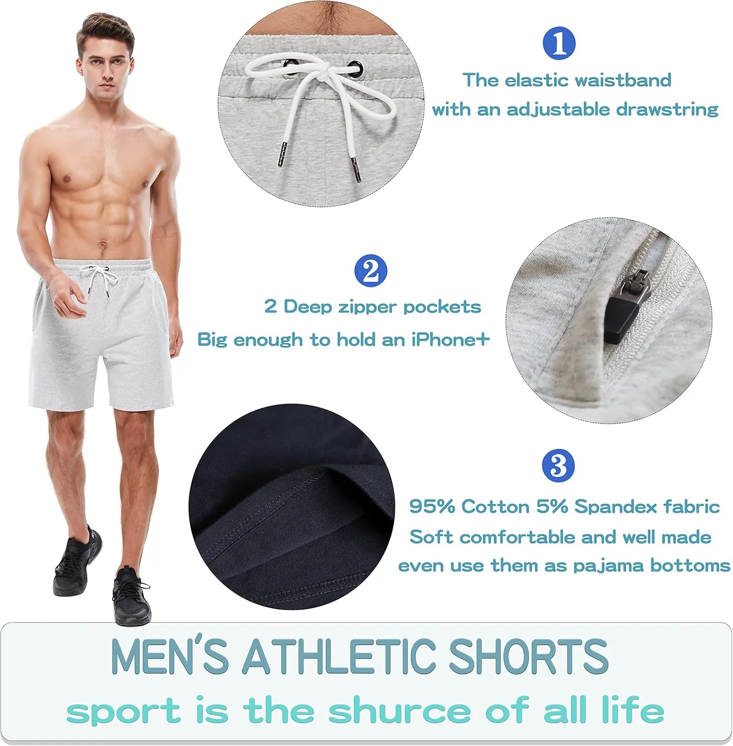 HEALONG Mens Athletic Shorts Cotton: Workout Gym Running Exercise Training - 7" Drawstring Fashion Sports with Zipper Pockets