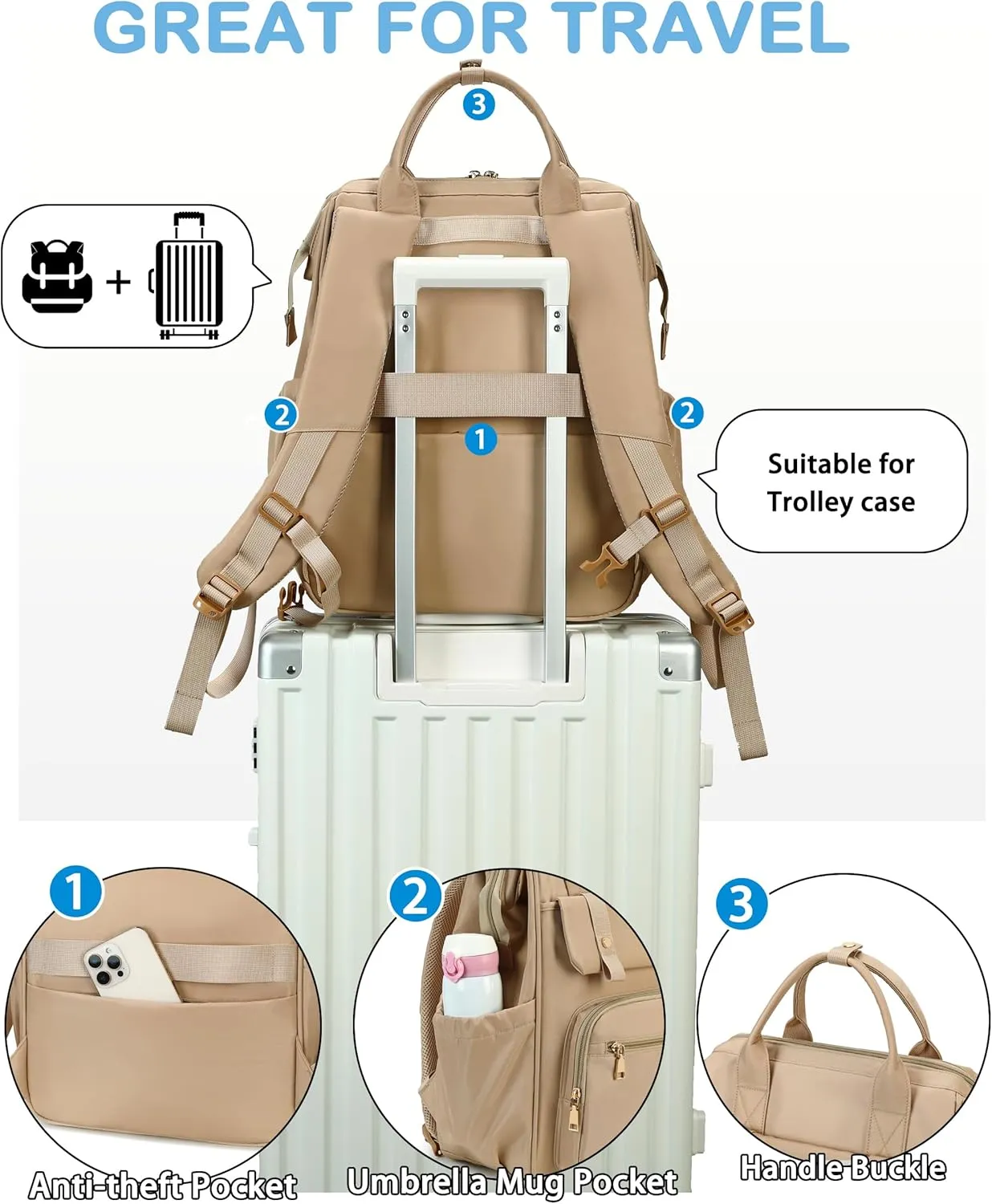 Hidds Laptop Backpack for Women 15.6 In Work Business Computer Bag School College Backpacks Commuter Back Pack Purse Girls Nursing Bookbags Womens Anti Theft Travel Daypack with USB Port - Champagne