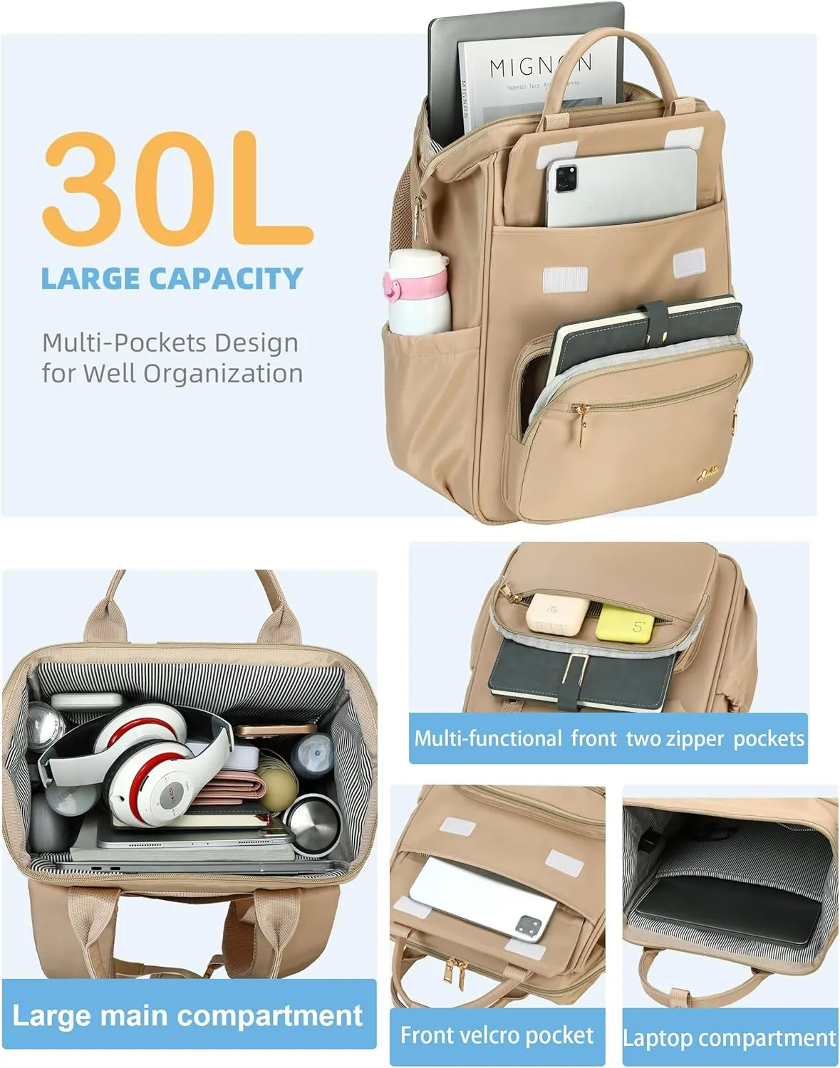 Hidds Laptop Backpack for Women 15.6 In Work Business Computer Bag School College Backpacks Commuter Back Pack Purse Girls Nursing Bookbags Womens Anti Theft Travel Daypack with USB Port - Champagne