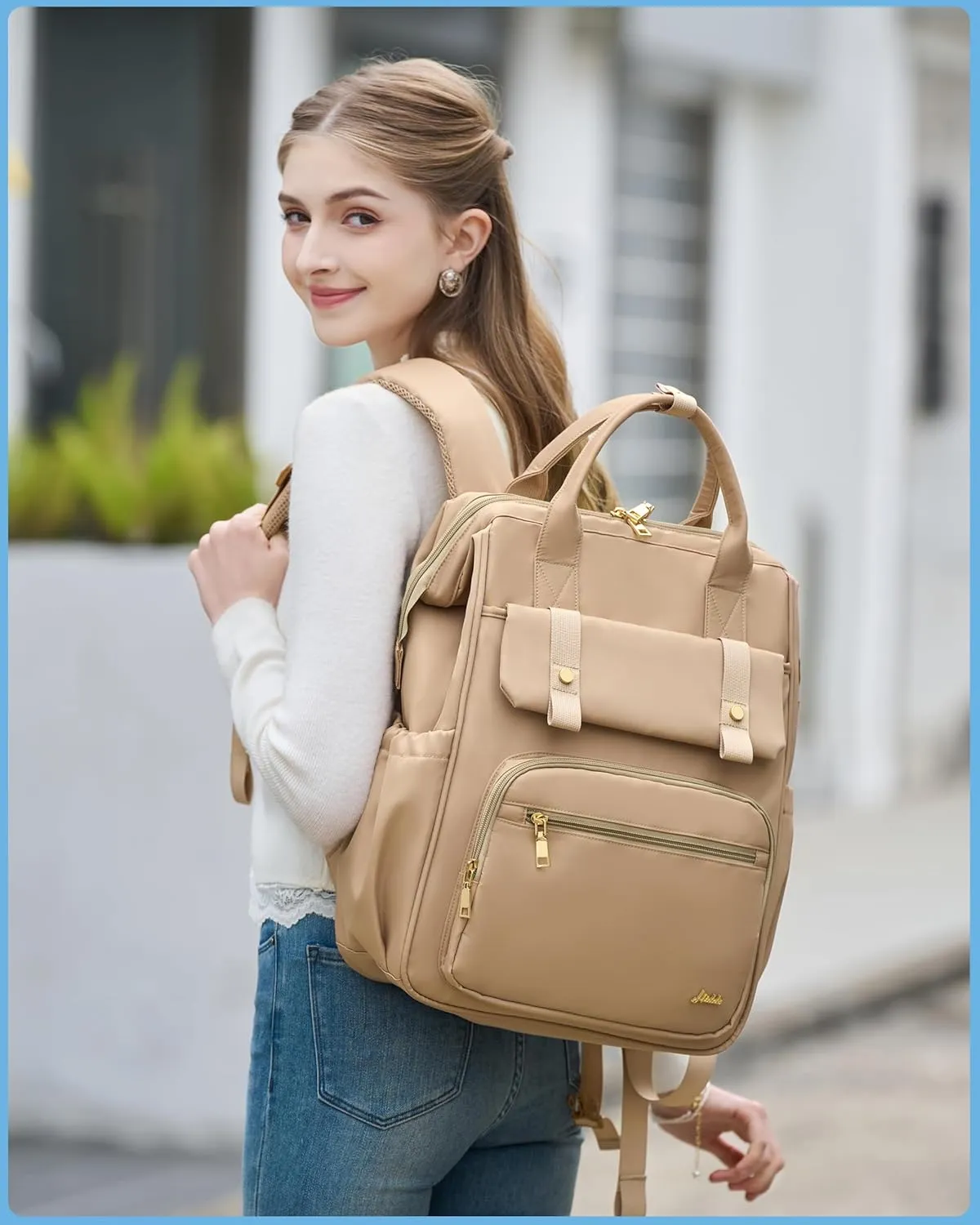 Hidds Laptop Backpack for Women 15.6 In Work Business Computer Bag School College Backpacks Commuter Back Pack Purse Girls Nursing Bookbags Womens Anti Theft Travel Daypack with USB Port - Champagne