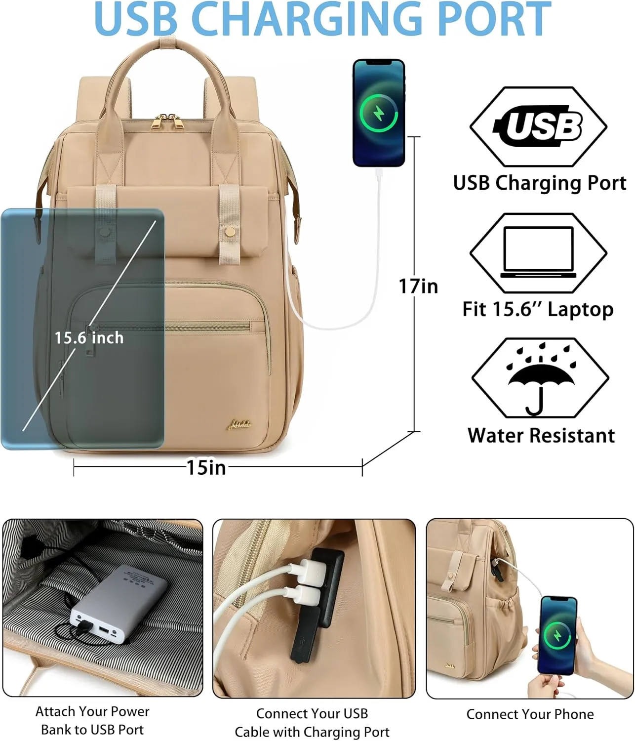 Hidds Laptop Backpack for Women 15.6 In Work Business Computer Bag School College Backpacks Commuter Back Pack Purse Girls Nursing Bookbags Womens Anti Theft Travel Daypack with USB Port - Champagne