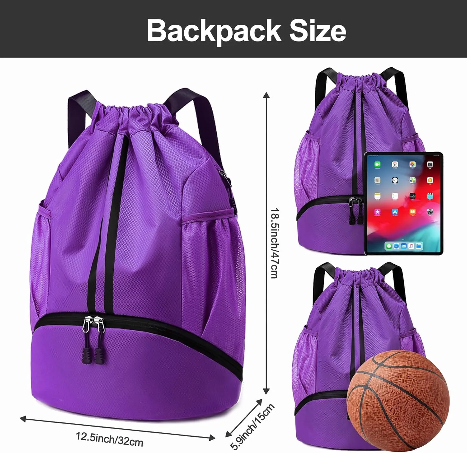 Hoedia Sports Drawstring Backpack - String Swim Gym Bag with Shoes Compartment and Wet Proof Pocket for Women/Men (Purple)