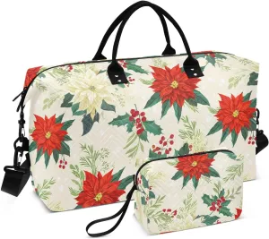 Holly Berries Floral Beige Sports Gym Bag for Women Men Travel Duffel Bag Weekend Overnight Carry on Bag with Toiletry Bag for Hospital Plane Swimming Yoga