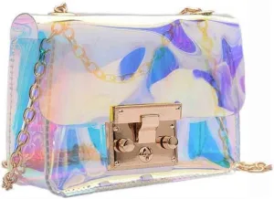 Holographic Clear Purse Crossover Shoulder Messenger Bag Laser Sling Purse with Golden Chain