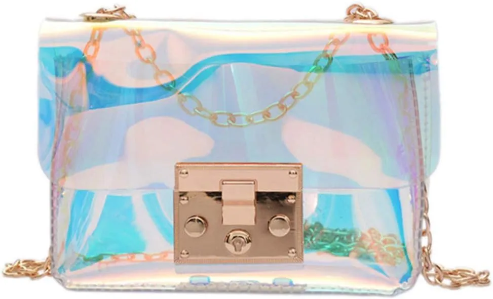 Holographic Clear Purse Crossover Shoulder Messenger Bag Laser Sling Purse with Golden Chain