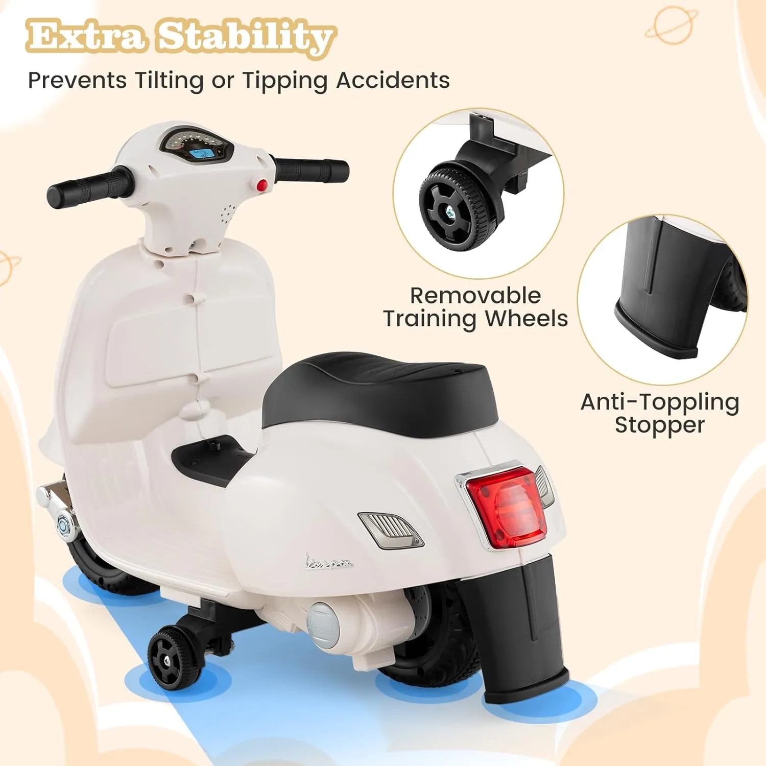 HONEY JOY Kids Motorcycle, Electric Vespa Scooter with Training Wheels, Headlight, Horn, One-Button Start, 6V Battery Powered Toddler Motorcycle, Ride On Toy, Gift for Boys Girls (White)