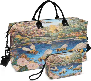 Honeybee Flowers Pond Blue Sports Gym Bag for Women Men Travel Duffel Bag Weekend Overnight Carry on Bag with Toiletry Bag Training Handbag for Hospital Plane Swimming Yoga Workout