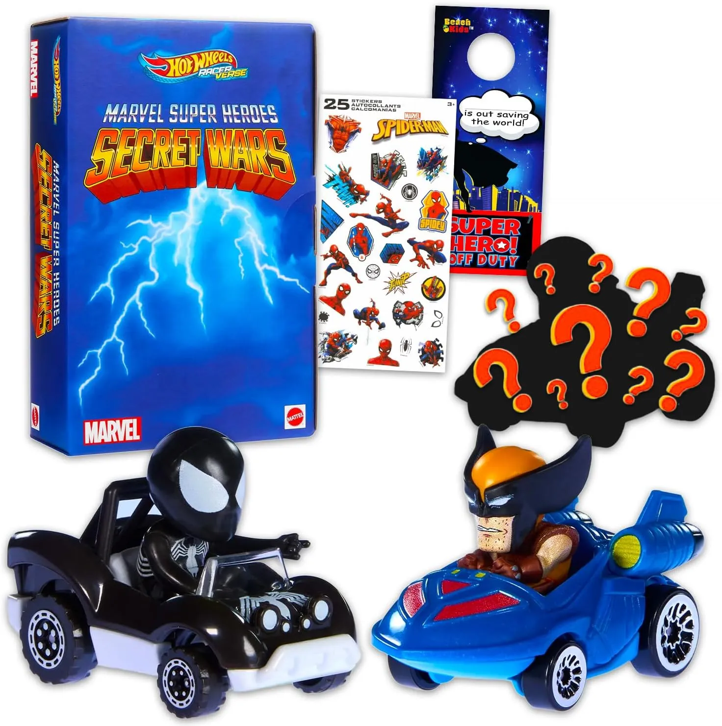Hot Wheels Marvel Secret Wars Racer Spiderman and Wolverine Blind Boxes - Bundle with 2024 Comic-Con Exclusive RacerVerse Hot Wheels Mystery Toy Plus Stickers, More | Toy Car Racer Verse Marvel