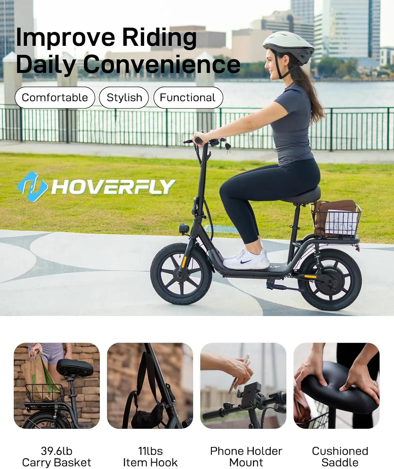 Hoverfly 14" Electric Scooter with Seat Adult, 550W/750W Peak Motor, 18.6/25 Miles Range, 15.5/22Mph Max Speed, Height-Adjustable Comfort Seat, Commuter Escooter with Carry Basket&Accessories