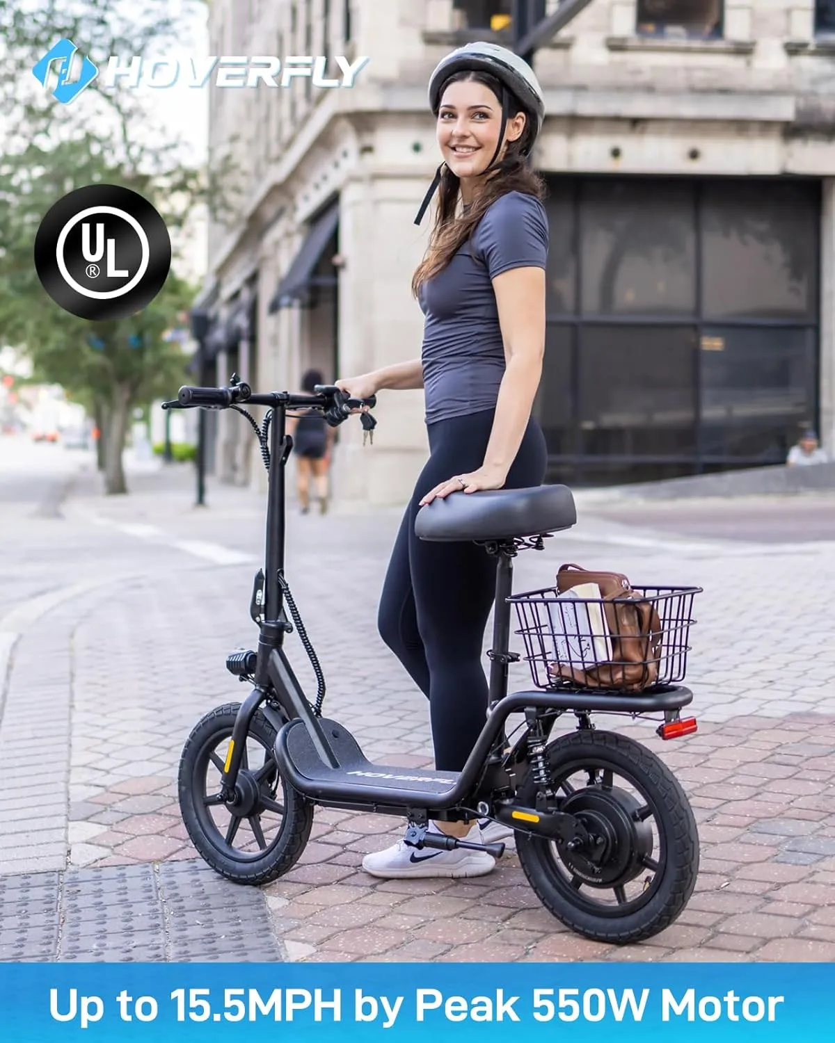Hoverfly 14" Electric Scooter with Seat Adult, 550W/750W Peak Motor, 18.6/25 Miles Range, 15.5/22Mph Max Speed, Height-Adjustable Comfort Seat, Commuter Escooter with Carry Basket&Accessories