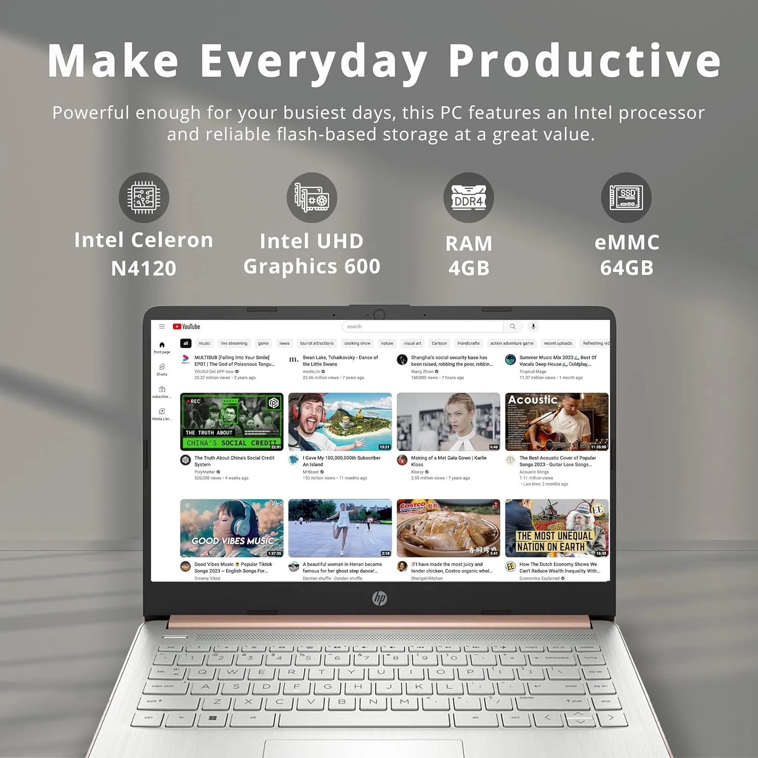 HP 2022 Stream 14" HD BrightView Laptop, Intel Celeron N4120, 4GB RAM, 64GB SSD, Intel HD Graphics, 720p Webcam, 1 Year Office 365, Gold, Win 11, 32GB Snowbell USB Card