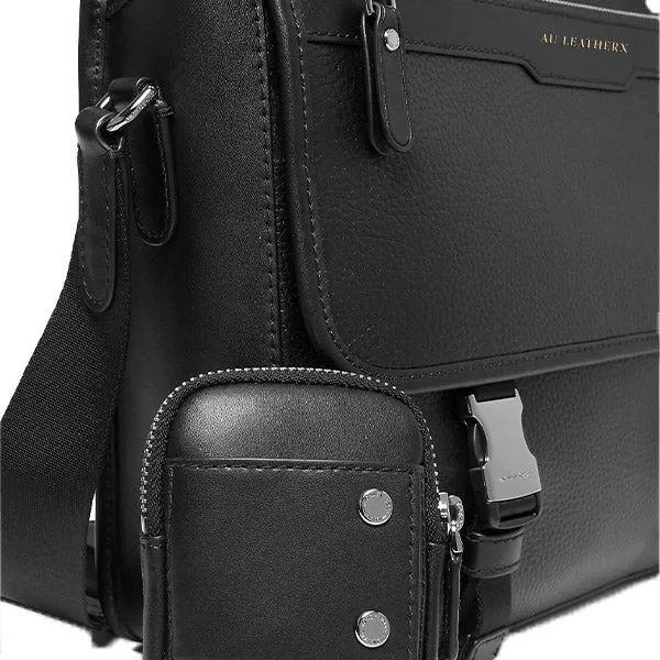 Hudson Pebbled Black Leather Messenger Bag with Pouch