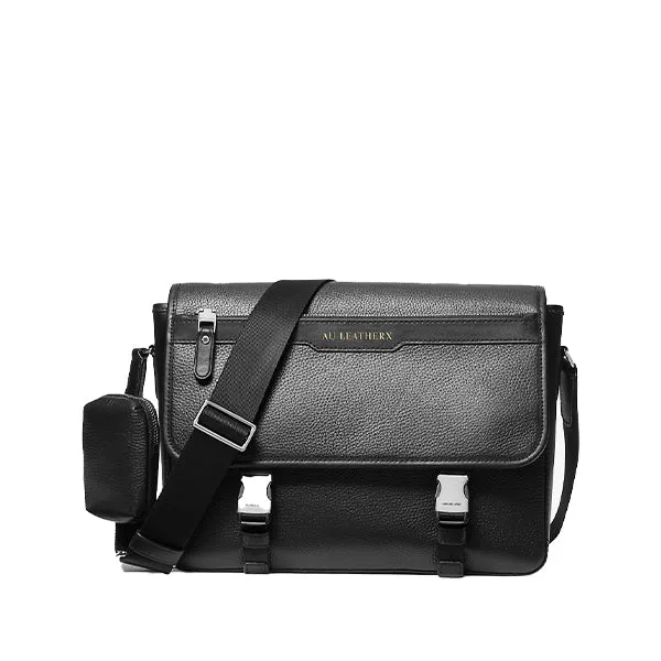 Hudson Pebbled Black Leather Messenger Bag with Pouch