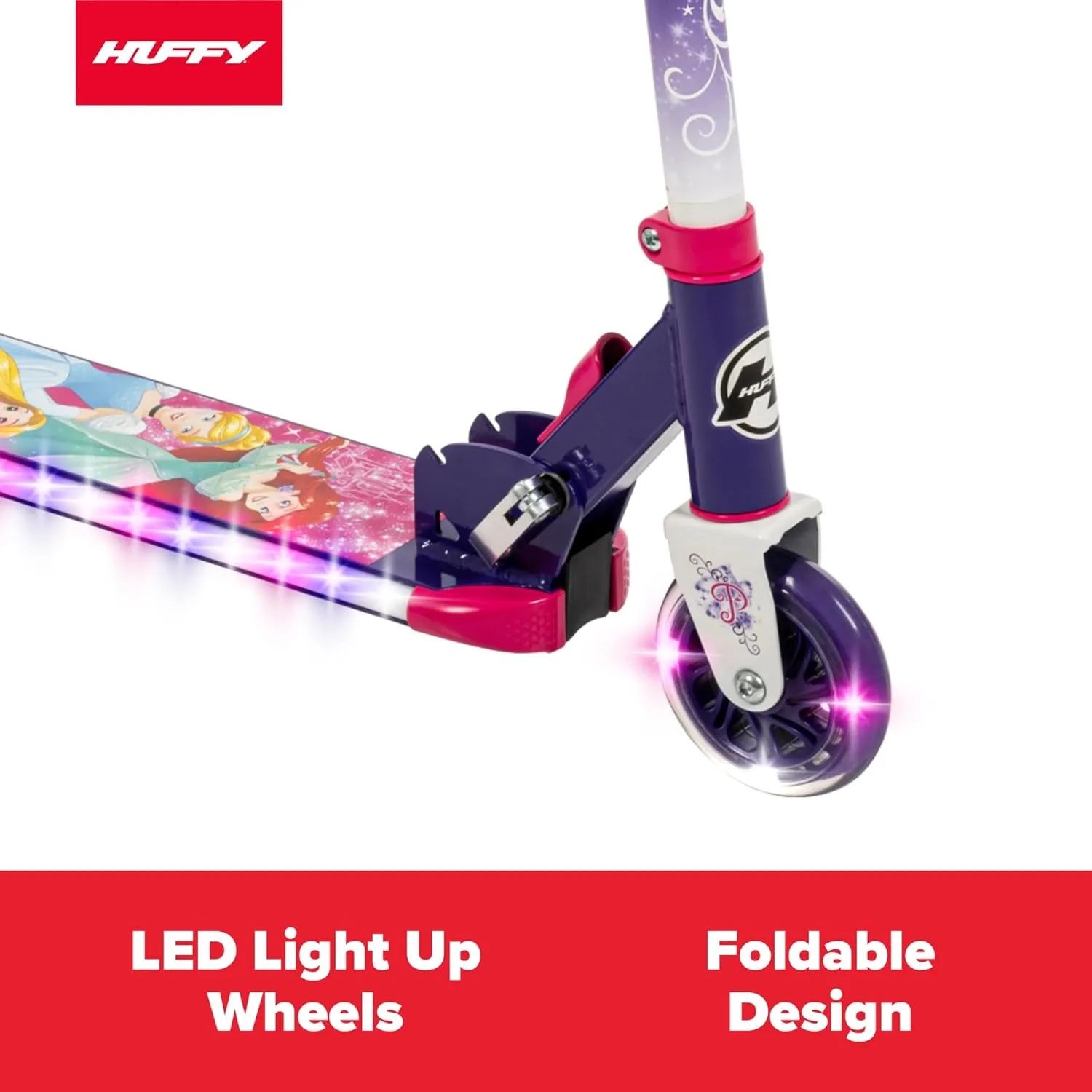 Huffy Disney and Marvel Light Up Kids' Inline Scooters, Multiple Color Options, LED Lights, Ages 5  Years Old, Adjustable Handlebar, Durable Steel Frame, Foldable, Girls/Boys, 2-Wheels