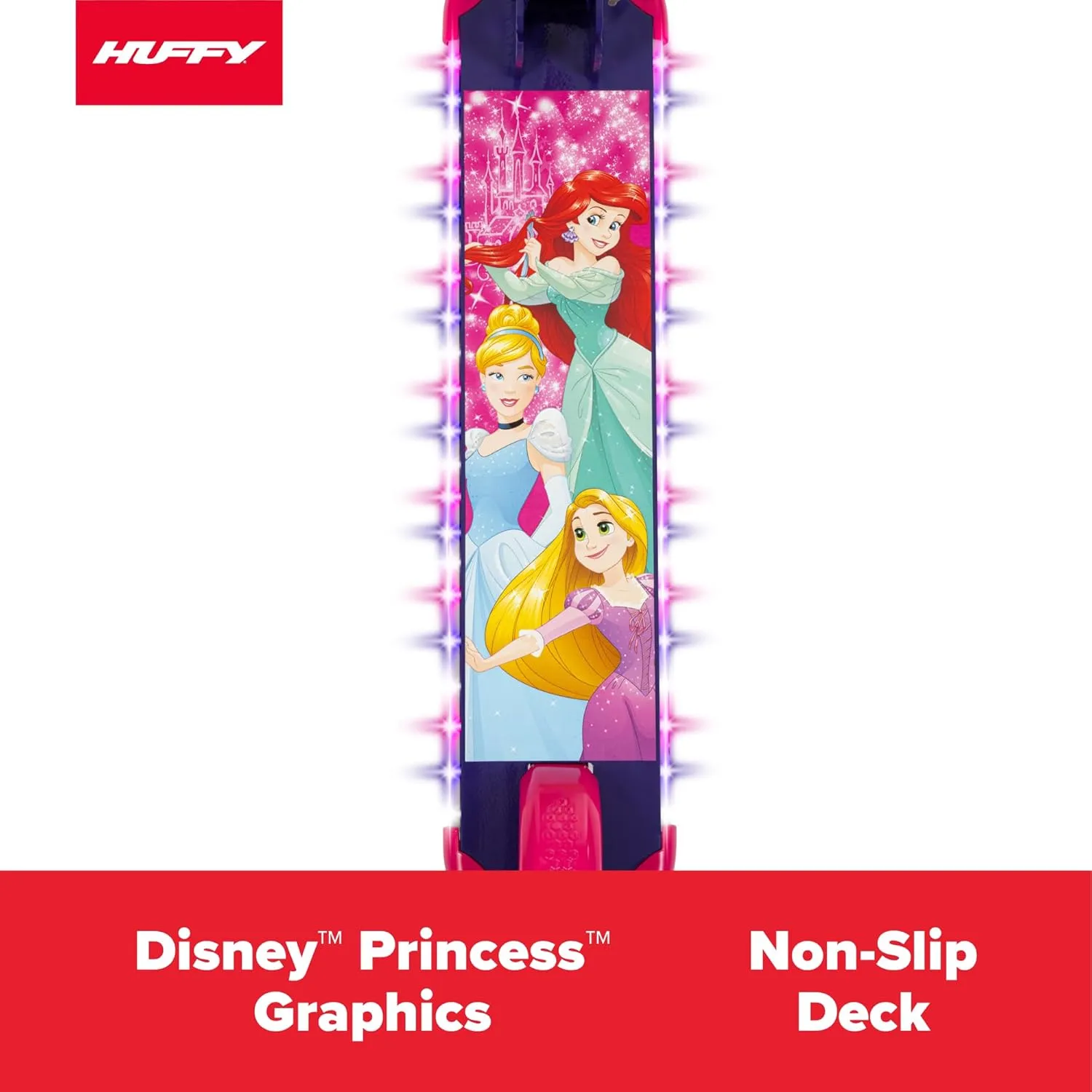Huffy Disney and Marvel Light Up Kids' Inline Scooters, Multiple Color Options, LED Lights, Ages 5  Years Old, Adjustable Handlebar, Durable Steel Frame, Foldable, Girls/Boys, 2-Wheels