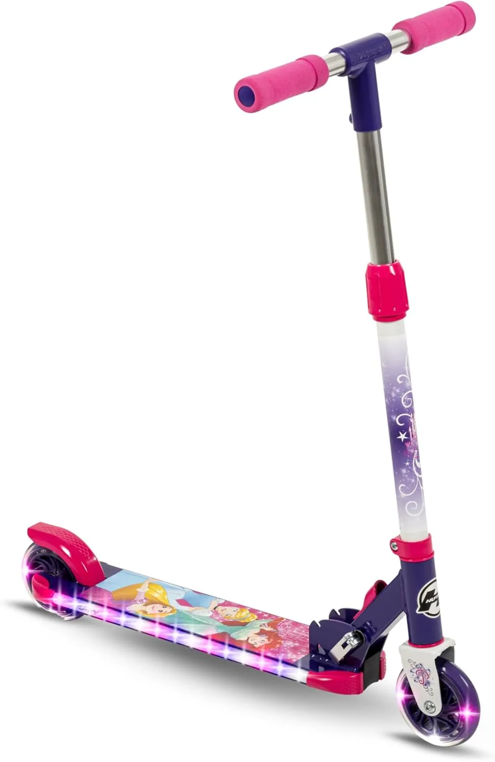 Huffy Disney and Marvel Light Up Kids' Inline Scooters, Multiple Color Options, LED Lights, Ages 5  Years Old, Adjustable Handlebar, Durable Steel Frame, Foldable, Girls/Boys, 2-Wheels