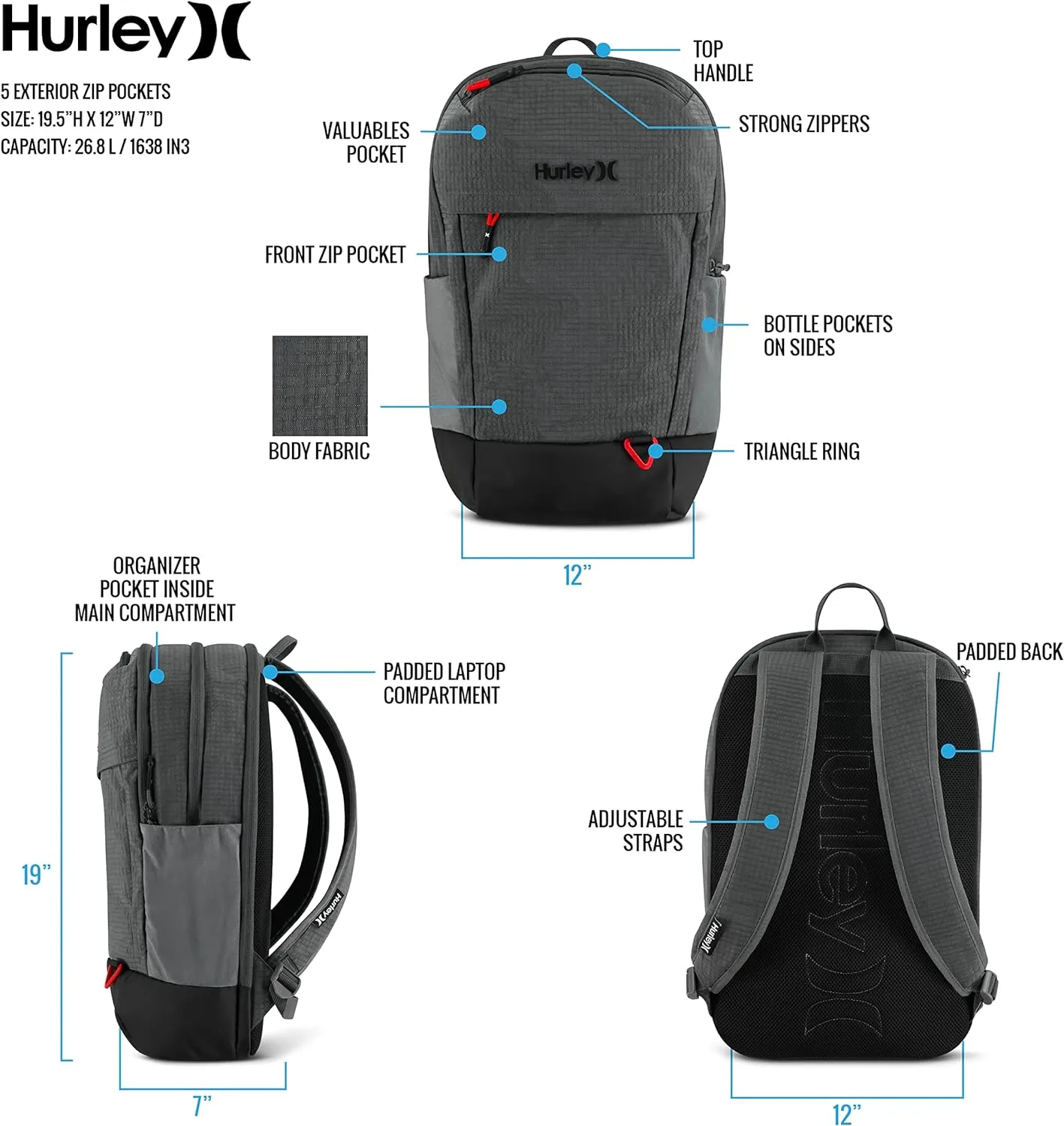 Hurley Mens Classic Backpack, Ion Grey, One Size