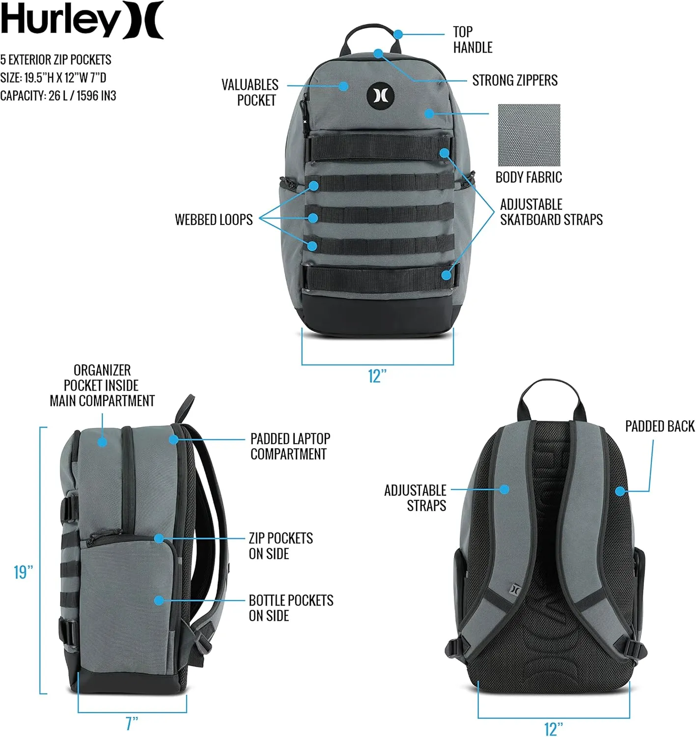 Hurley Mens Skateboard Backpack, Black, One Size