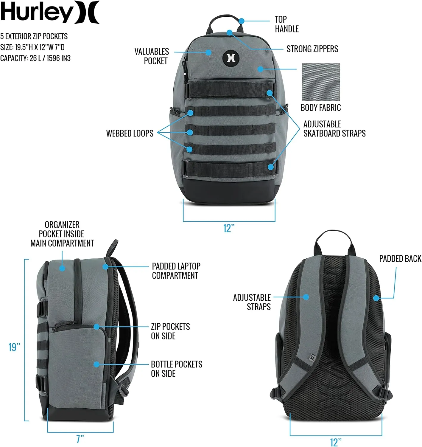 Hurley Mens Skateboard Backpack, Rhythmic Red, One Size