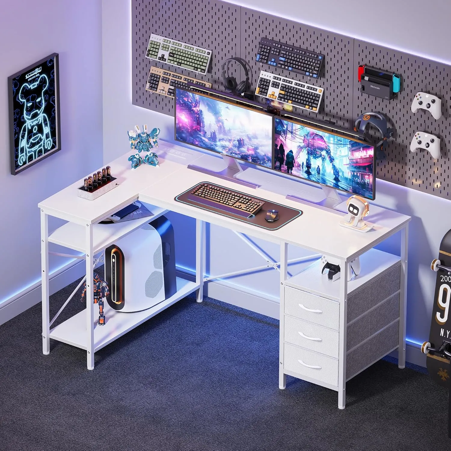 Huuger L Shaped Office Desk with Power Outlets, 47 Inch Computer Desk with 3 Drawers, Shelves, for Gaming, Corner Work, Home Office, Study, White