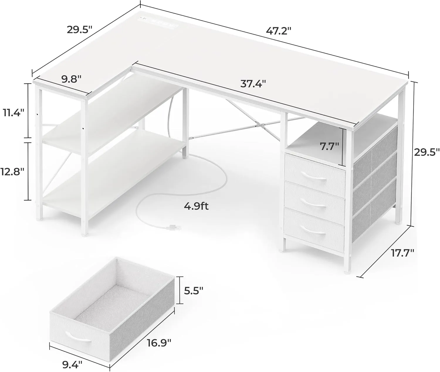 Huuger L Shaped Office Desk with Power Outlets, 47 Inch Computer Desk with 3 Drawers, Shelves, for Gaming, Corner Work, Home Office, Study, White