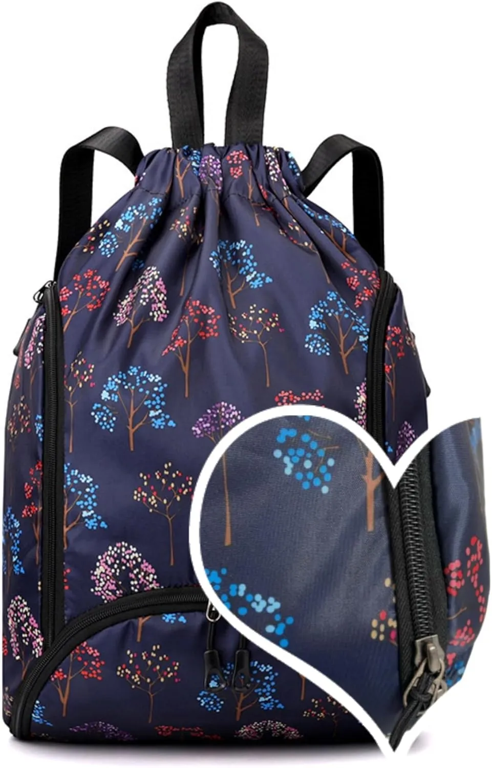 IAMUHI Nylon Drawstring Backpack Sports Gym Travel Bag for Women Men Large with Two Zipper Pockets Daypack Shoulder Bag Purse, Colorful Trees