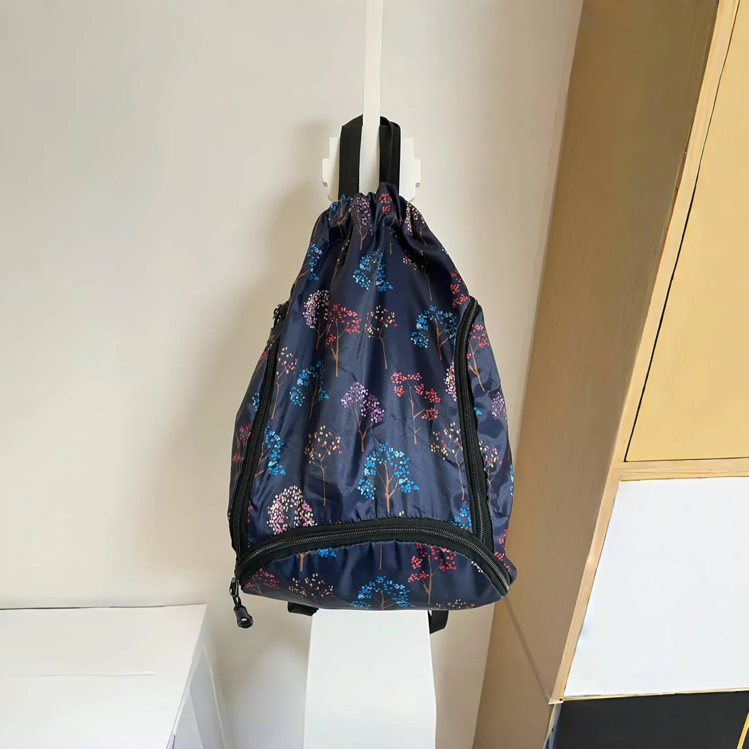 IAMUHI Nylon Drawstring Backpack Sports Gym Travel Bag for Women Men Large with Two Zipper Pockets Daypack Shoulder Bag Purse, Colorful Trees