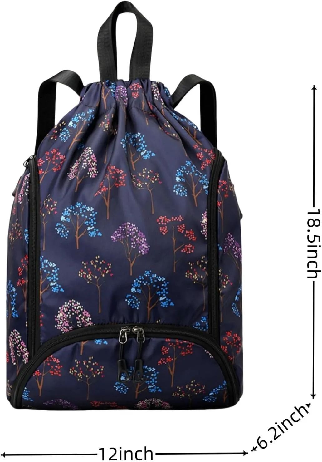 IAMUHI Nylon Drawstring Backpack Sports Gym Travel Bag for Women Men Large with Two Zipper Pockets Daypack Shoulder Bag Purse, Colorful Trees