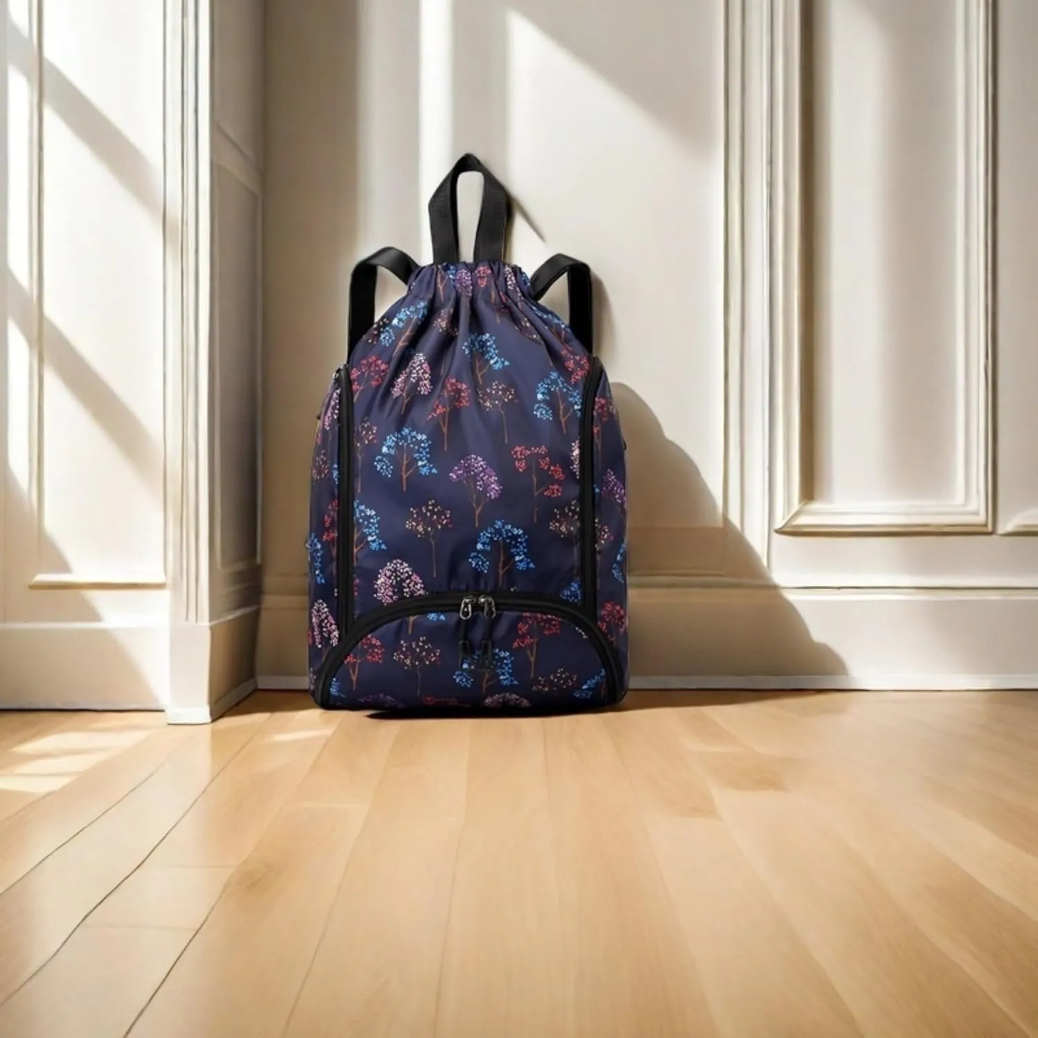 IAMUHI Nylon Drawstring Backpack Sports Gym Travel Bag for Women Men Large with Two Zipper Pockets Daypack Shoulder Bag Purse, Colorful Trees