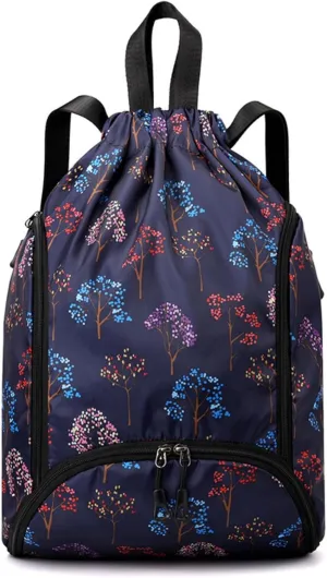 IAMUHI Nylon Drawstring Backpack Sports Gym Travel Bag for Women Men Large with Two Zipper Pockets Daypack Shoulder Bag Purse, Colorful Trees