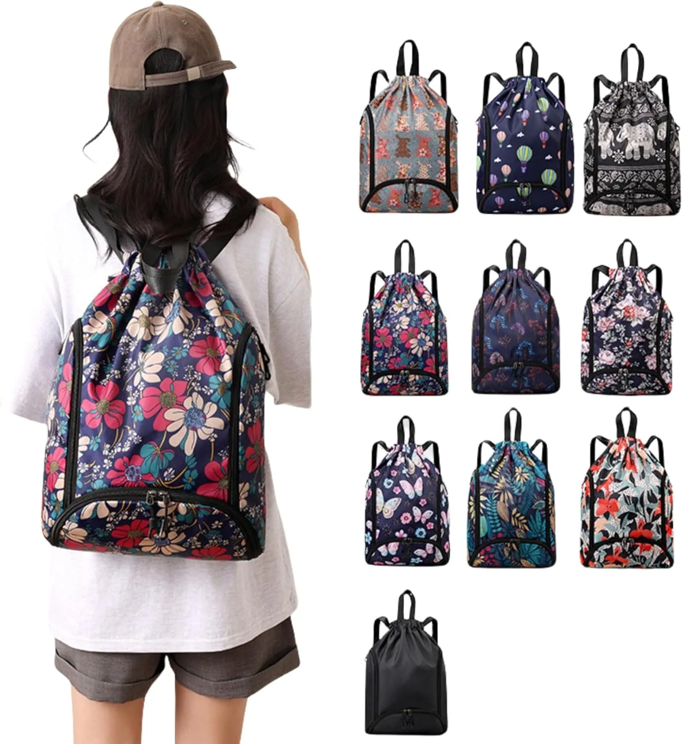 IAMUHI Nylon Drawstring Backpack Sports Gym Travel Bag for Women Men Large with Two Zipper Pockets Daypack Shoulder Bag Purse, Colorful Trees