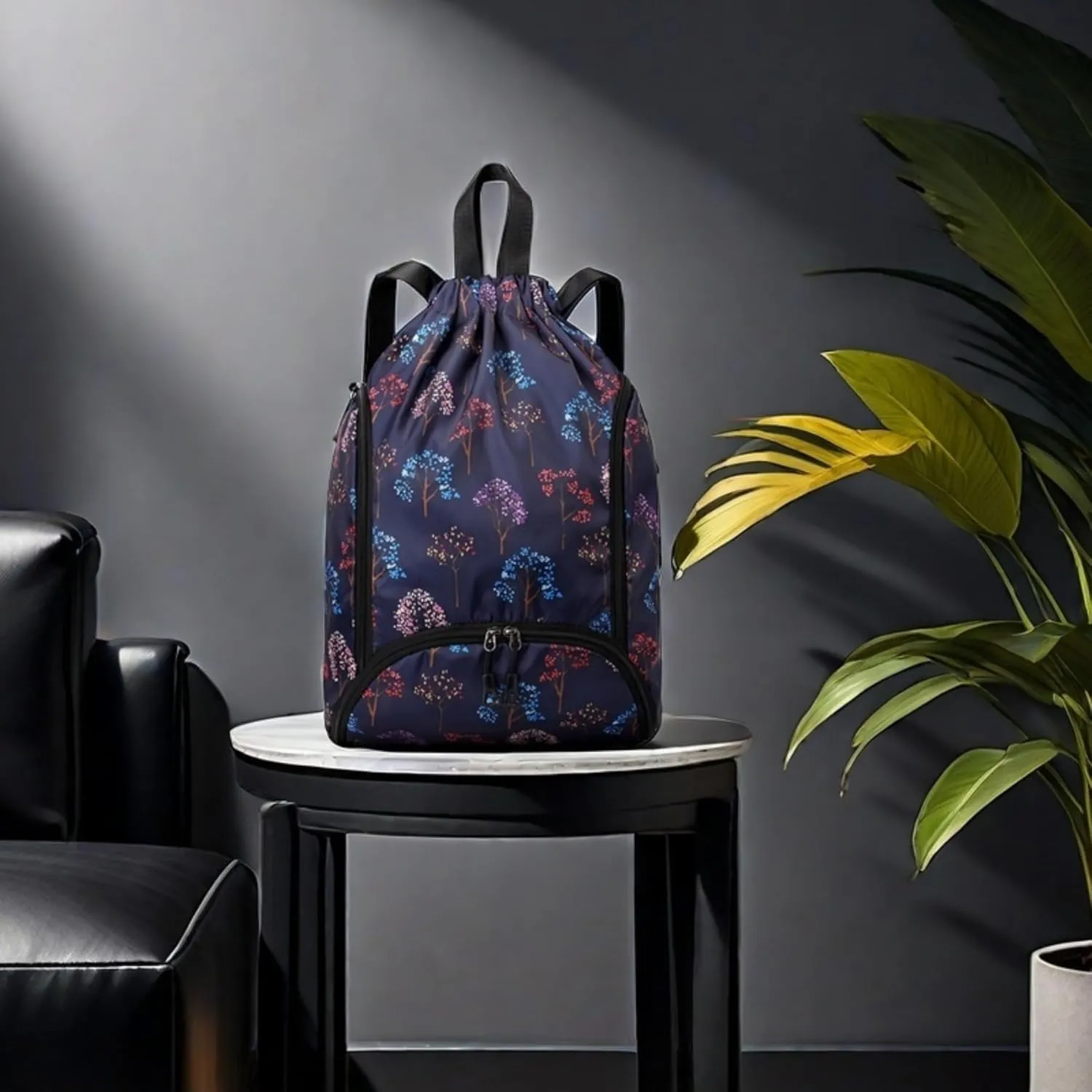 IAMUHI Nylon Drawstring Backpack Sports Gym Travel Bag for Women Men Large with Two Zipper Pockets Daypack Shoulder Bag Purse, Colorful Trees