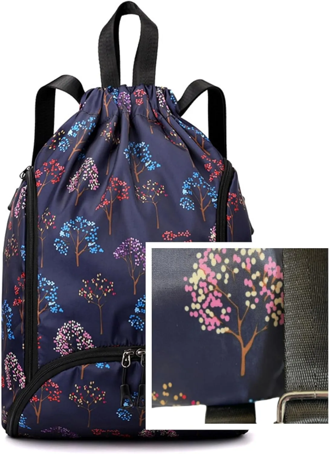 IAMUHI Nylon Drawstring Backpack Sports Gym Travel Bag for Women Men Large with Two Zipper Pockets Daypack Shoulder Bag Purse, Colorful Trees