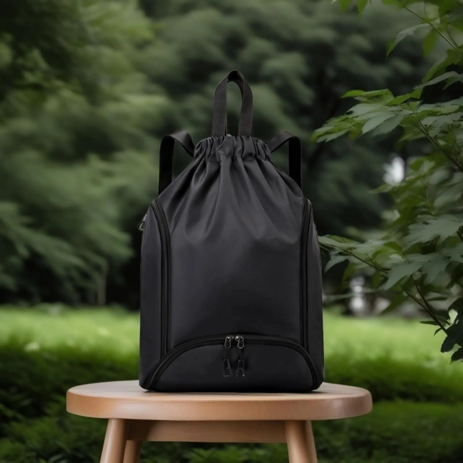 IAMUHI Nylon Drawstring Backpack Sports Gym Travel Bag for Women Men Large with Two Zipper Pockets Daypack Shoulder Bag Purse,Black