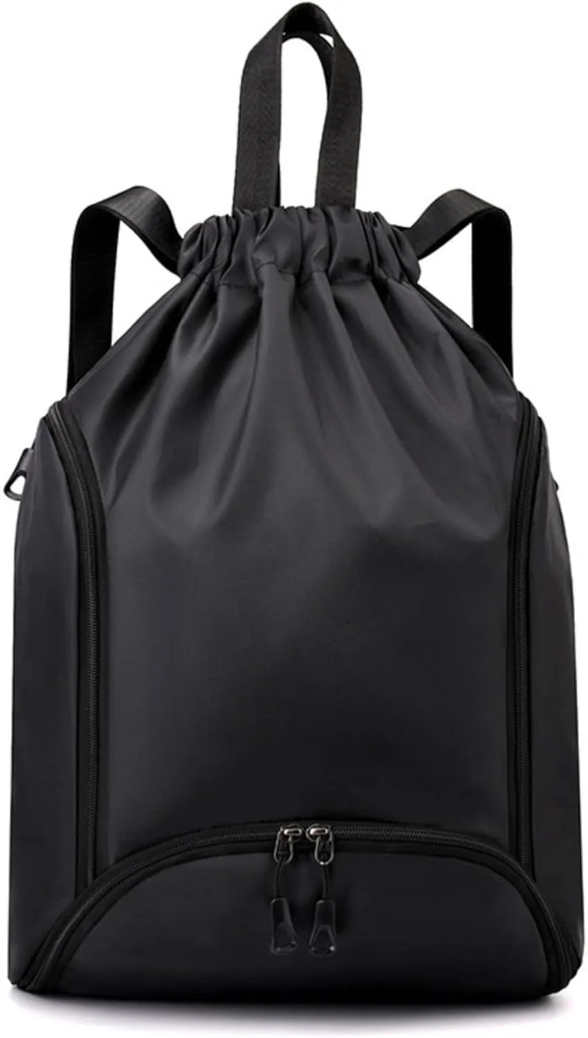 IAMUHI Nylon Drawstring Backpack Sports Gym Travel Bag for Women Men Large with Two Zipper Pockets Daypack Shoulder Bag Purse,Black