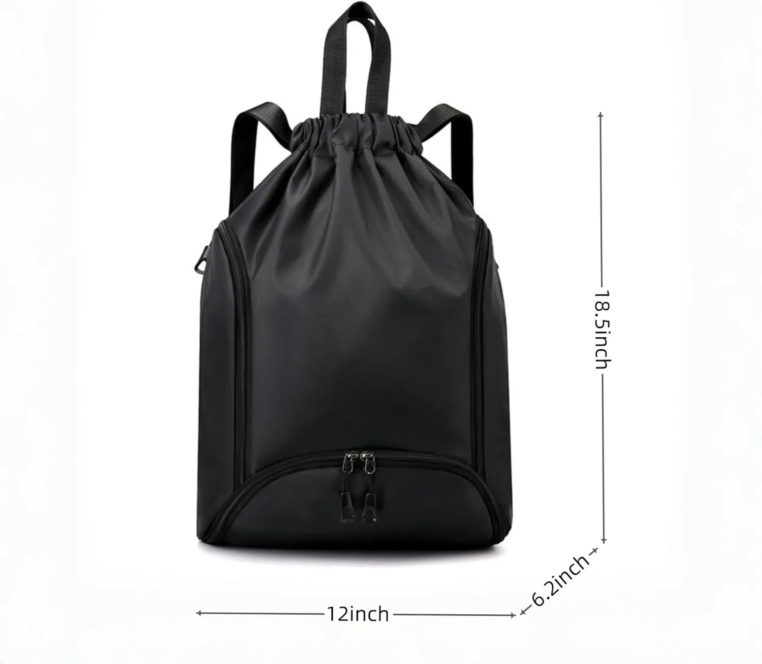 IAMUHI Nylon Drawstring Backpack Sports Gym Travel Bag for Women Men Large with Two Zipper Pockets Daypack Shoulder Bag Purse,Black