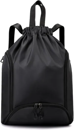 IAMUHI Nylon Drawstring Backpack Sports Gym Travel Bag for Women Men Large with Two Zipper Pockets Daypack Shoulder Bag Purse,Black