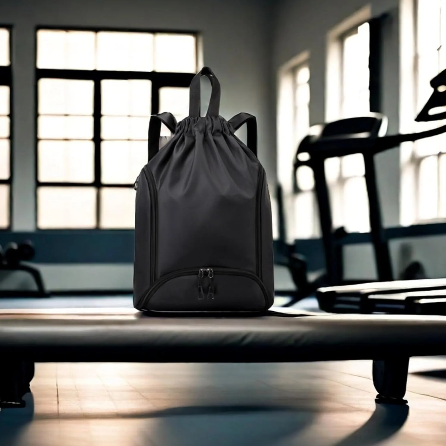 IAMUHI Nylon Drawstring Backpack Sports Gym Travel Bag for Women Men Large with Two Zipper Pockets Daypack Shoulder Bag Purse,Black