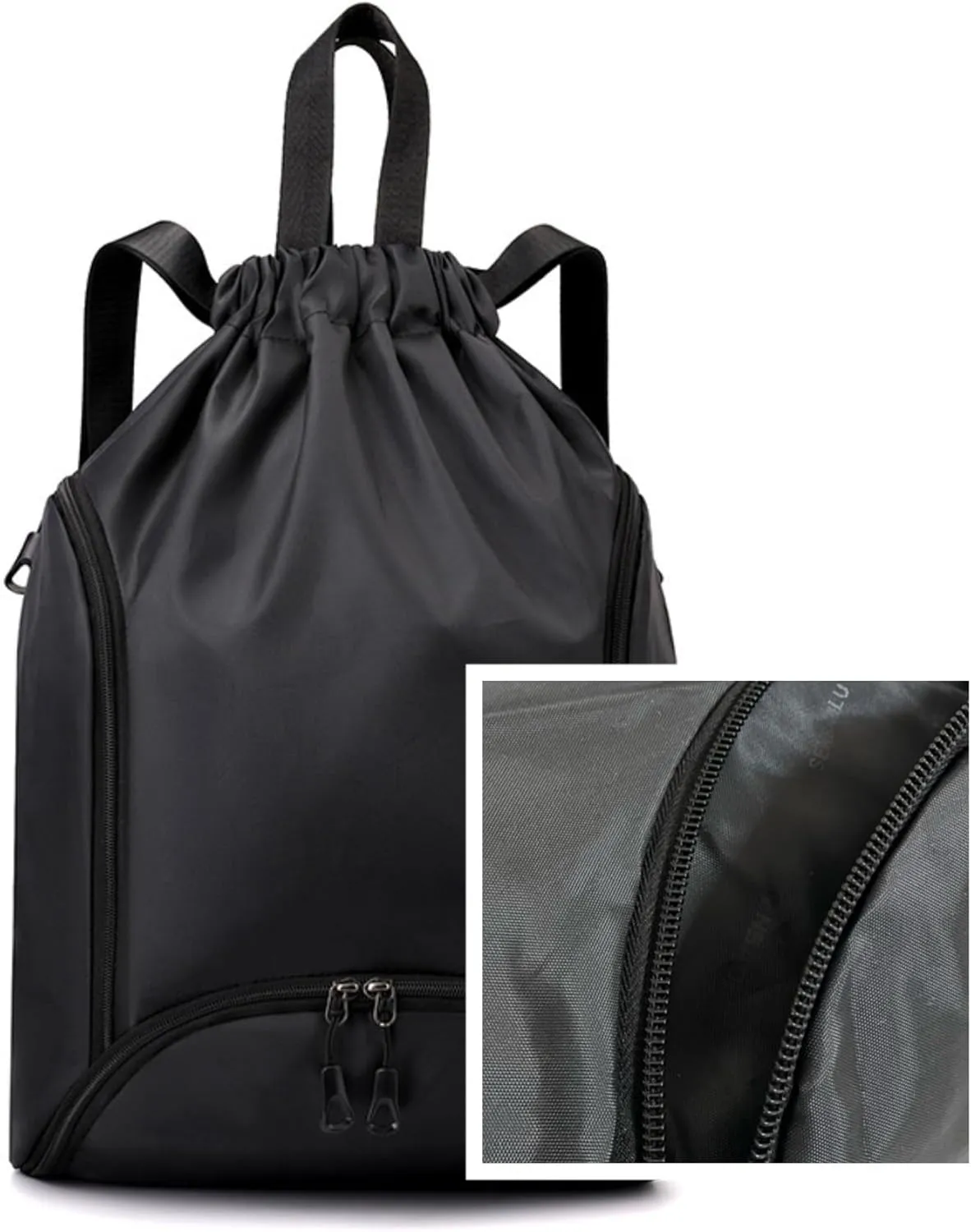 IAMUHI Nylon Drawstring Backpack Sports Gym Travel Bag for Women Men Large with Two Zipper Pockets Daypack Shoulder Bag Purse,Black