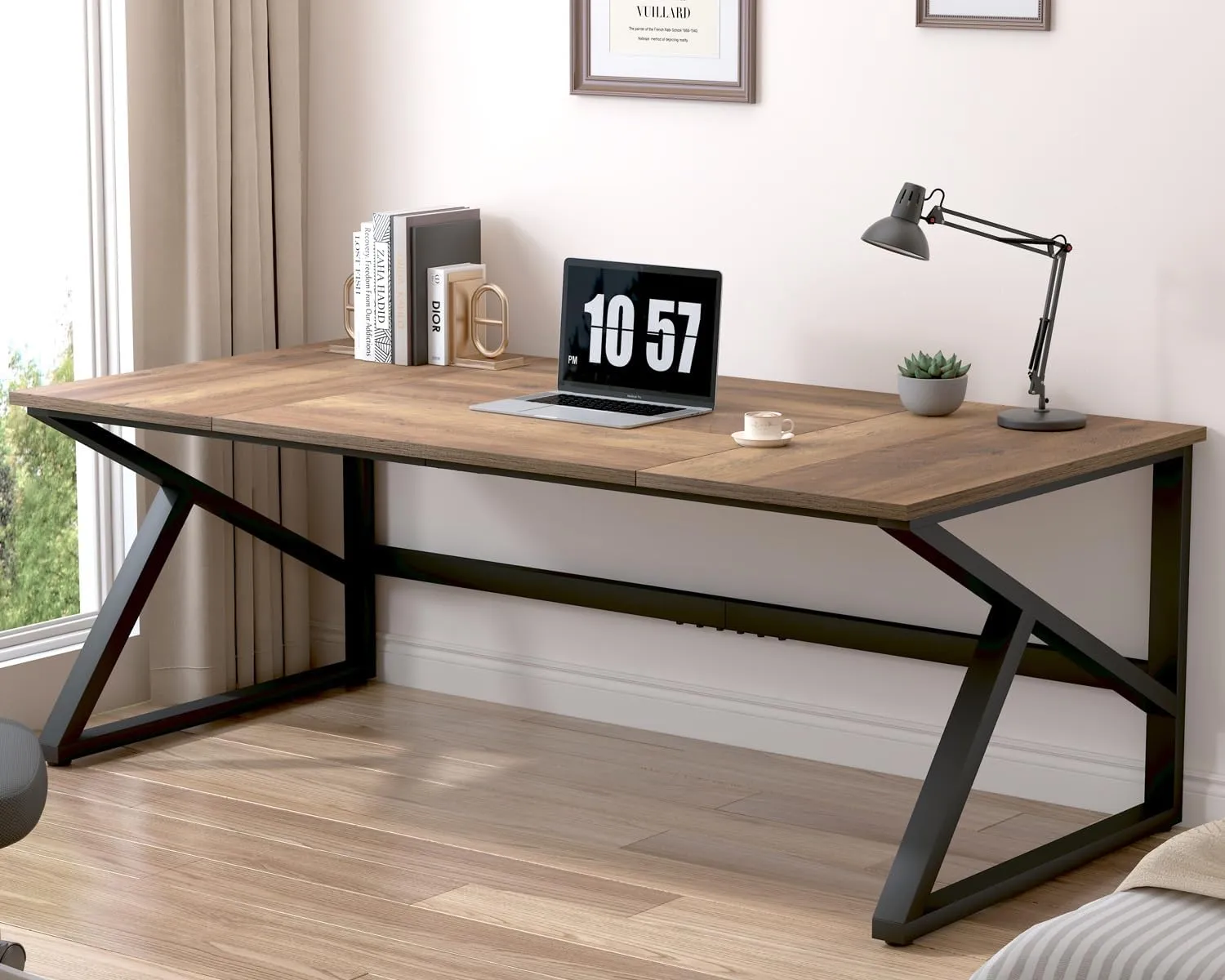 IBF Large Computer Desk, Rustic 70 Inch Long Home Office Metal Wood Desk, Industrial Big 2 Person Table for Executive Writing Study Gaming Workstation, Farmhouse Bedroom PC Laptop Double Desk