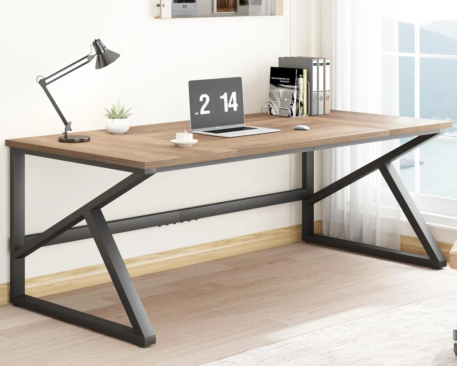 IBF Large Computer Desk, Rustic 70 Inch Long Home Office Metal Wood Desk, Industrial Big 2 Person Table for Executive Writing Study Gaming Workstation, Farmhouse Bedroom PC Laptop Double Desk