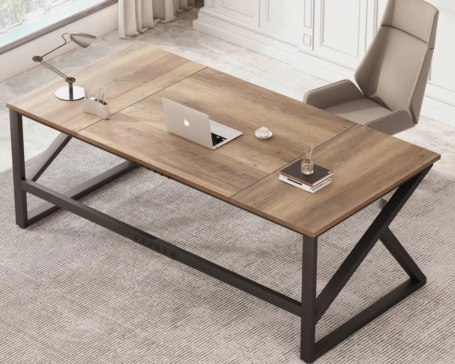 IBF Large Computer Desk, Rustic 70 Inch Long Home Office Metal Wood Desk, Industrial Big 2 Person Table for Executive Writing Study Gaming Workstation, Farmhouse Bedroom PC Laptop Double Desk